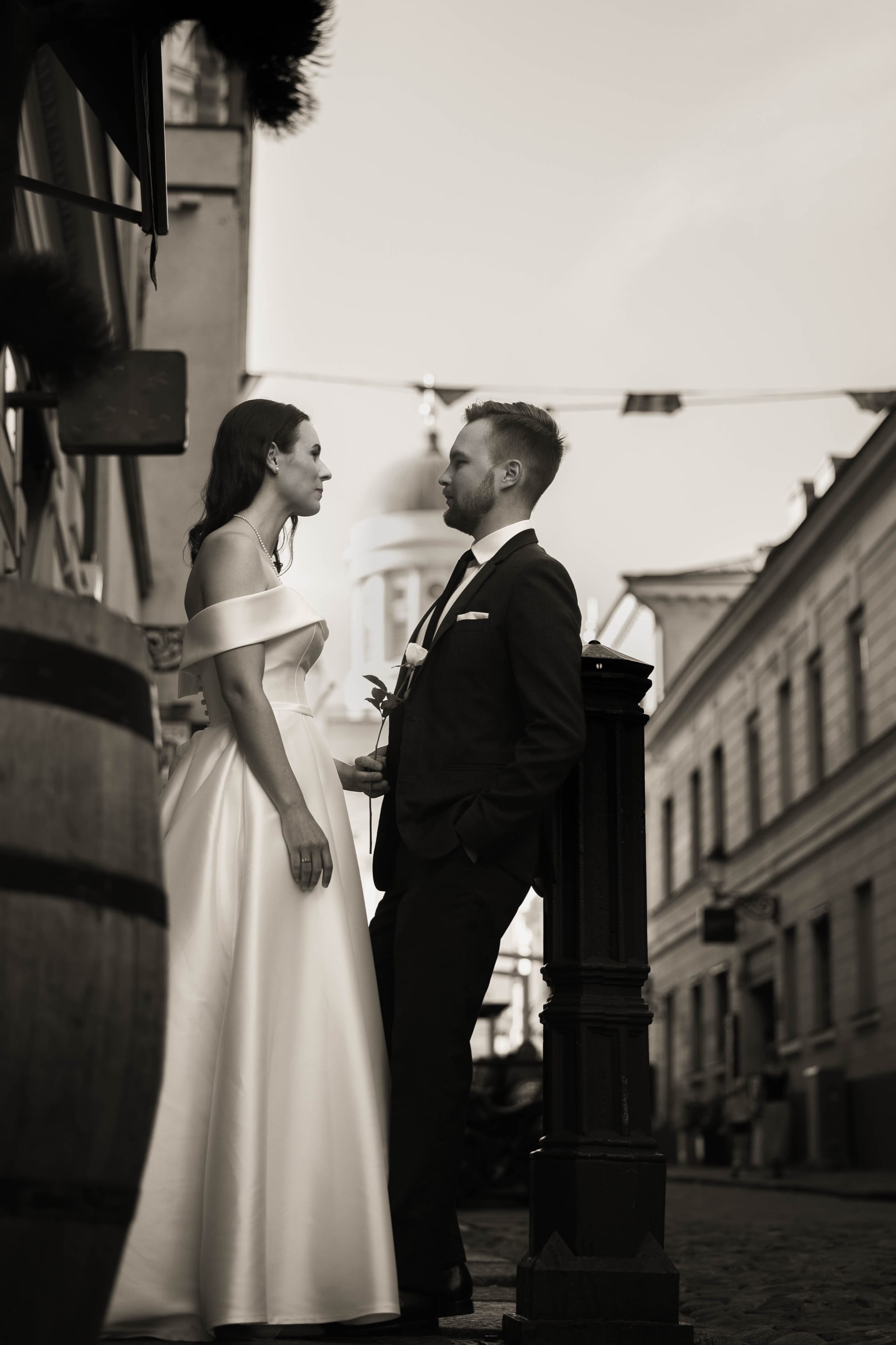 Bride and groom on a street corner